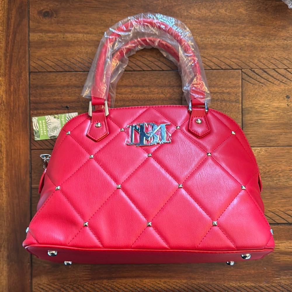 Badgley Mischka Red Quilted Handbag with Silver Accents
